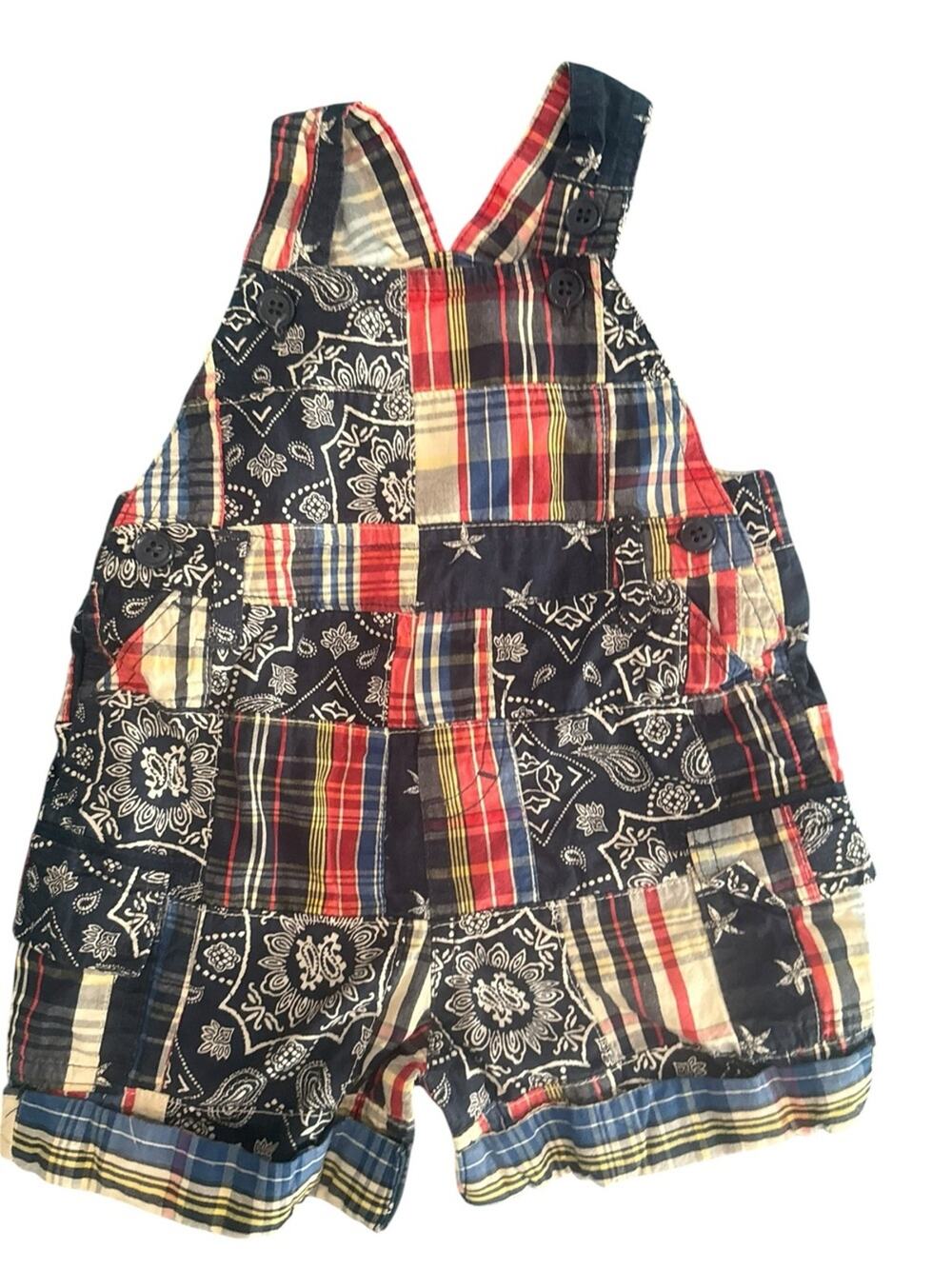 Y2K The Children's Place Patchwork Bandanna Plaid Shorts Overalls Baby 3-6 Month